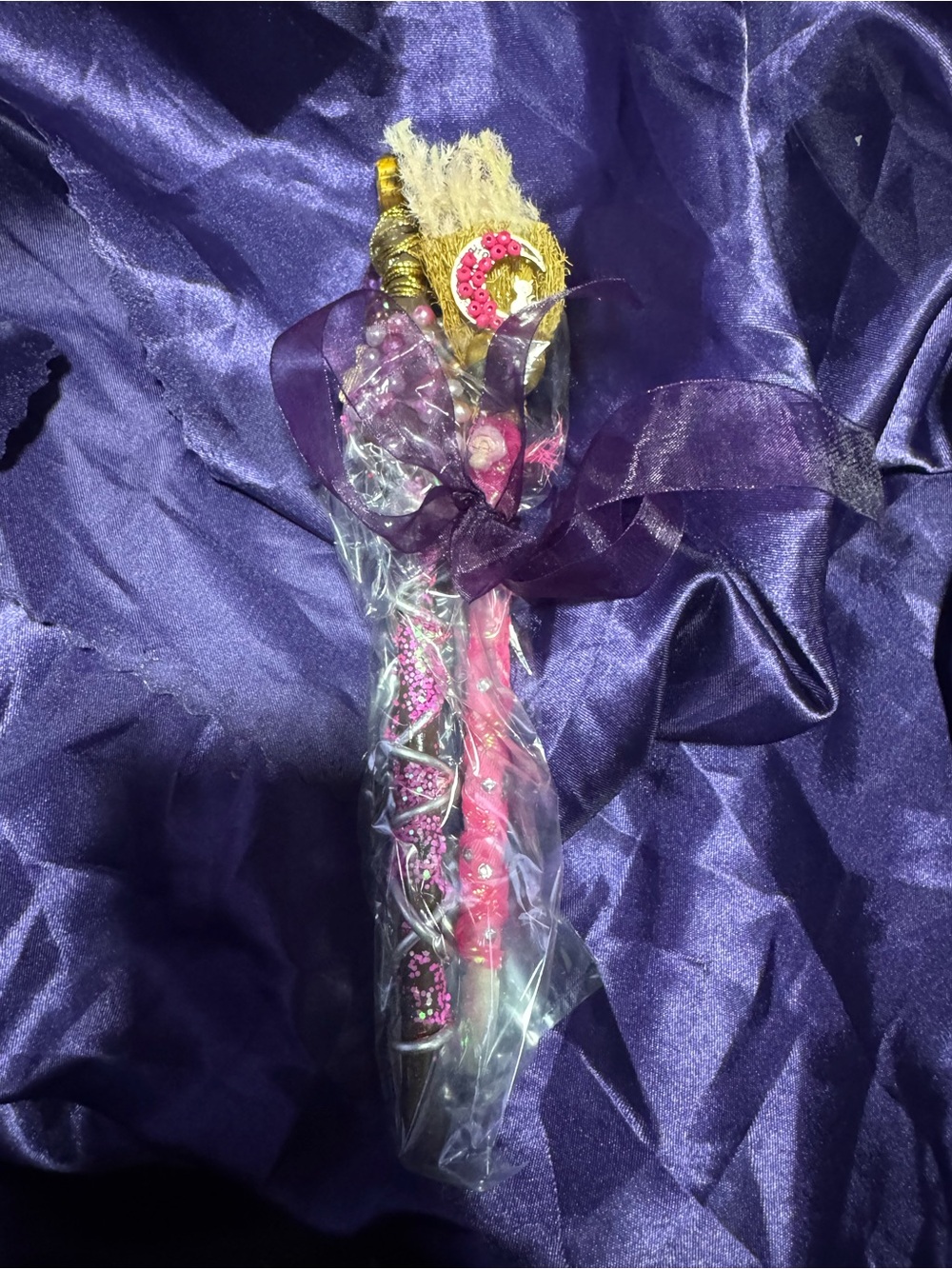 Handcrafted Beaded Wand and broom pen set with Purple Ribbon